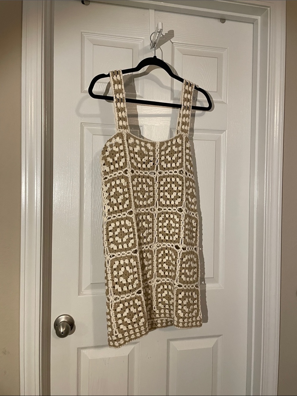 Vici Crochet Square Tank Mini Dress in Cream & Tan